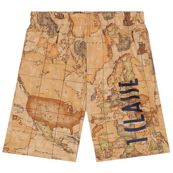 Boys Beige Geo Map Logo Shorts