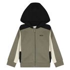 Younger Boys Green, Ivory & Black Hooded Zip Up Top, 2, hi-res