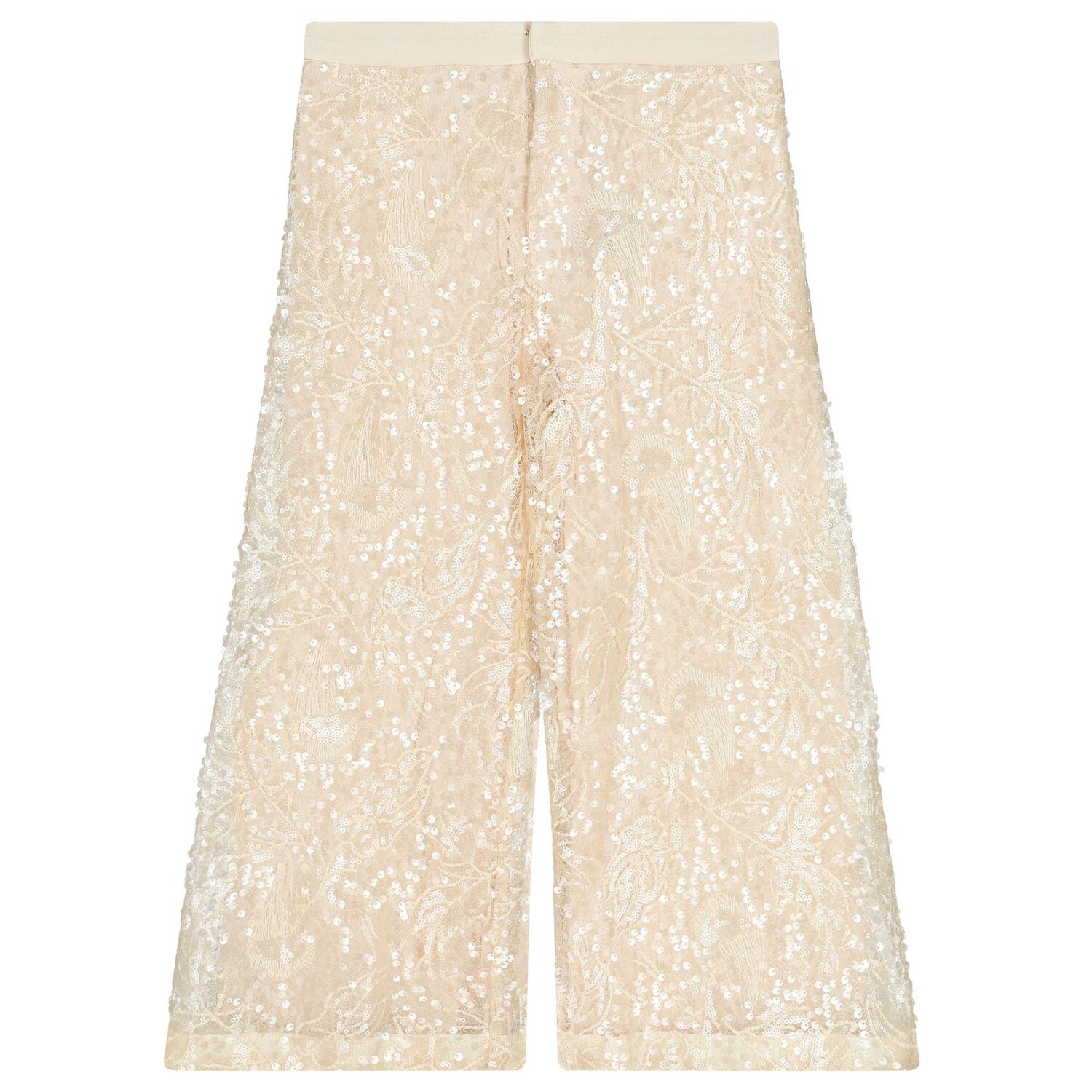 Girls Beige & Gold Chiffon & Sequin Lace Trousers Set, 1, hi-res
