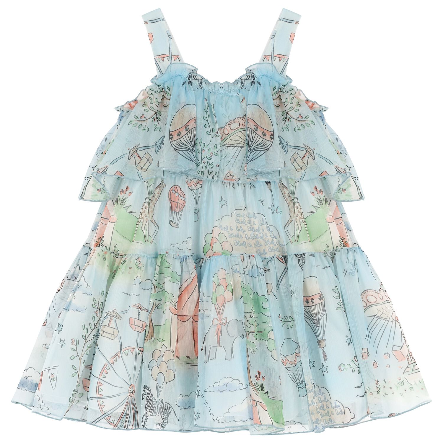 فستان بنات شيفون بطيات  باللون الأزرق, 1, hi-res