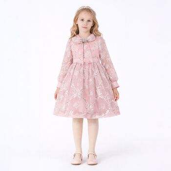 Girls Pink & Silver Jacquard Floral Dress