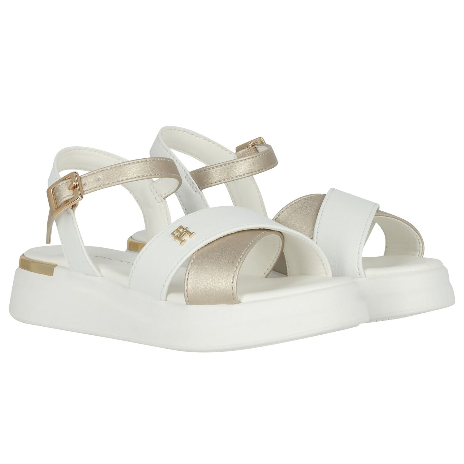 Girls White & Gold Logo Sandals, 1, hi-res