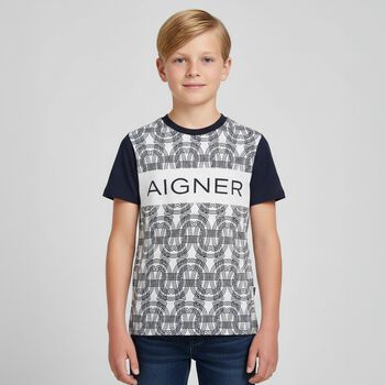 تي شيرت باللون  أبيض وأزرق داكن بشعار للأولاد