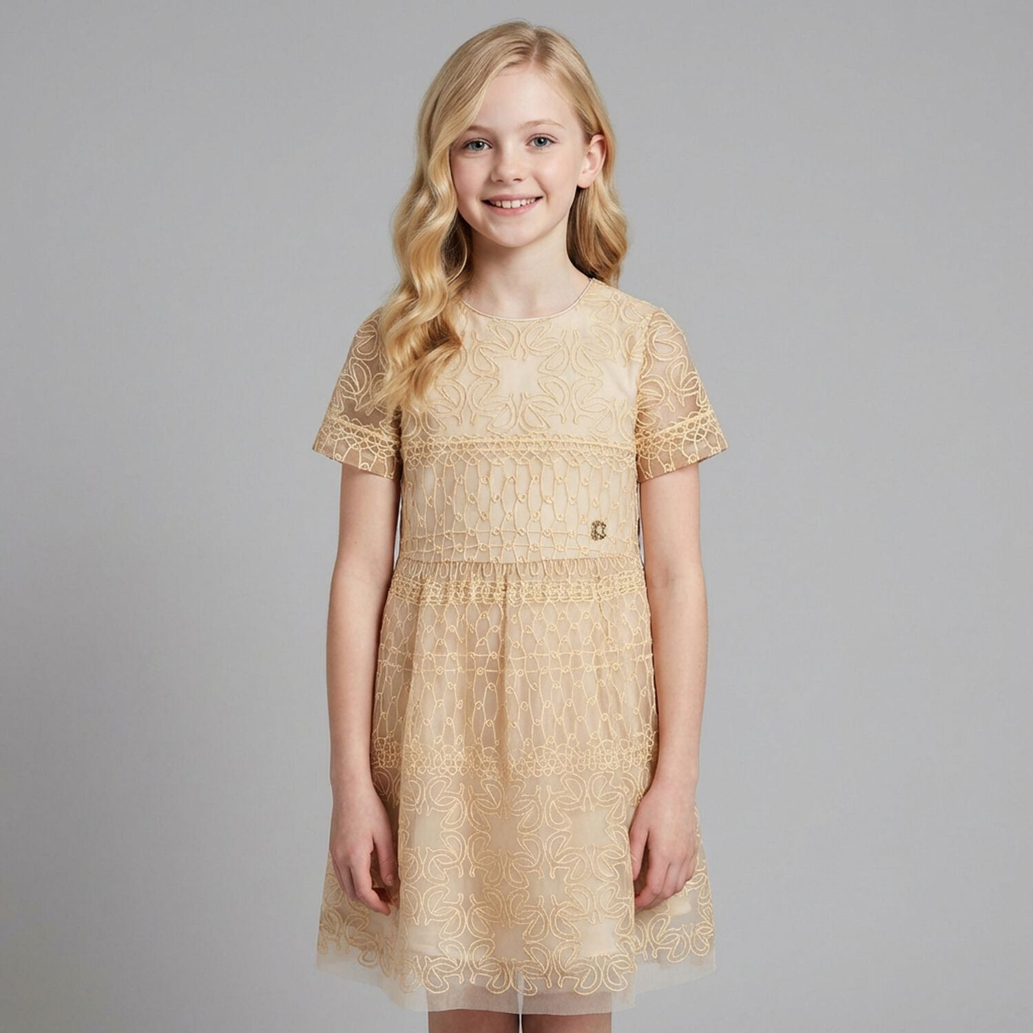 Girls Beige Embroidered Tulle Dress, 1, hi-res