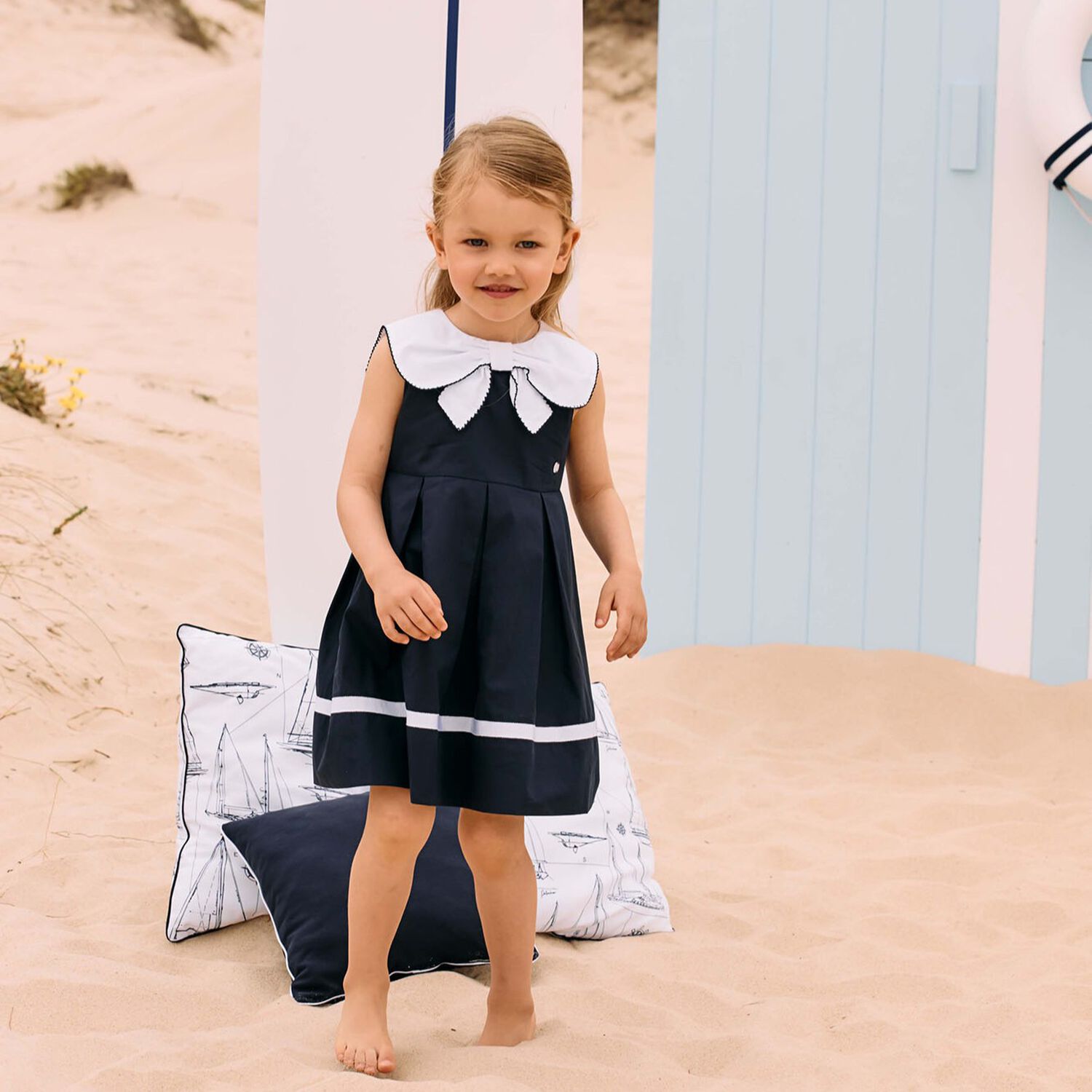 فستان بنات باللون الكحلى والابيض, 2, hi-res