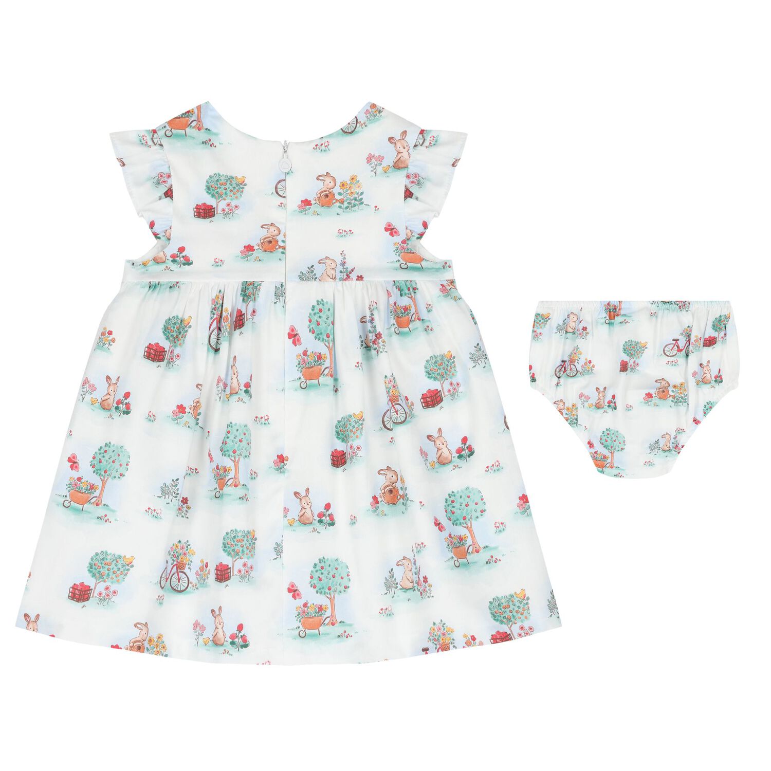 Baby Girls White & Green Rabbit Dress Set, 1, hi-res