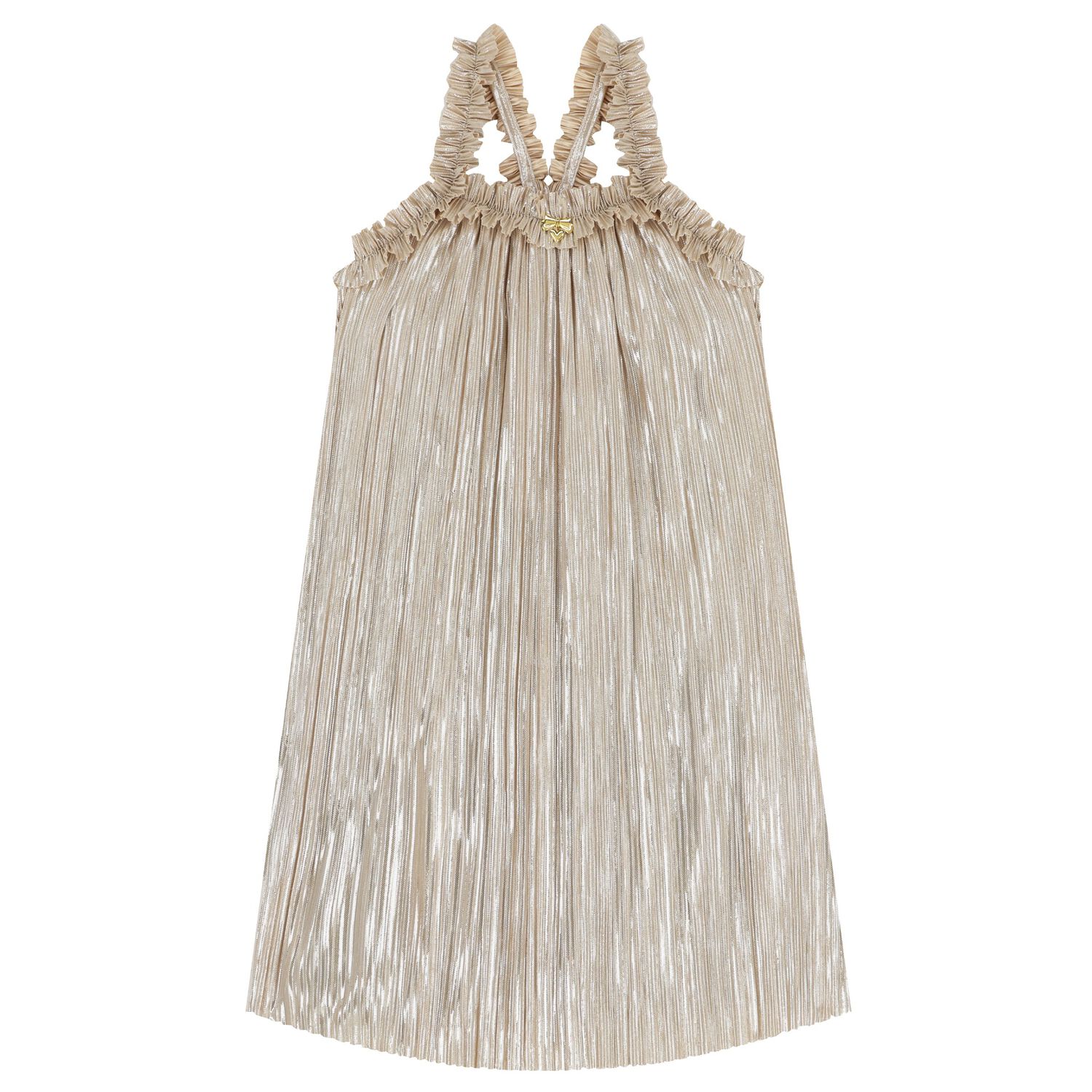 Girls Gold Metallic Pleated Dress, 1, hi-res