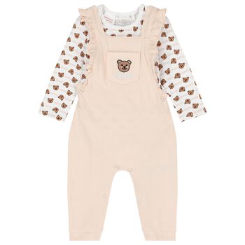 Baby Girls White & Beige Logo Dungaree Set