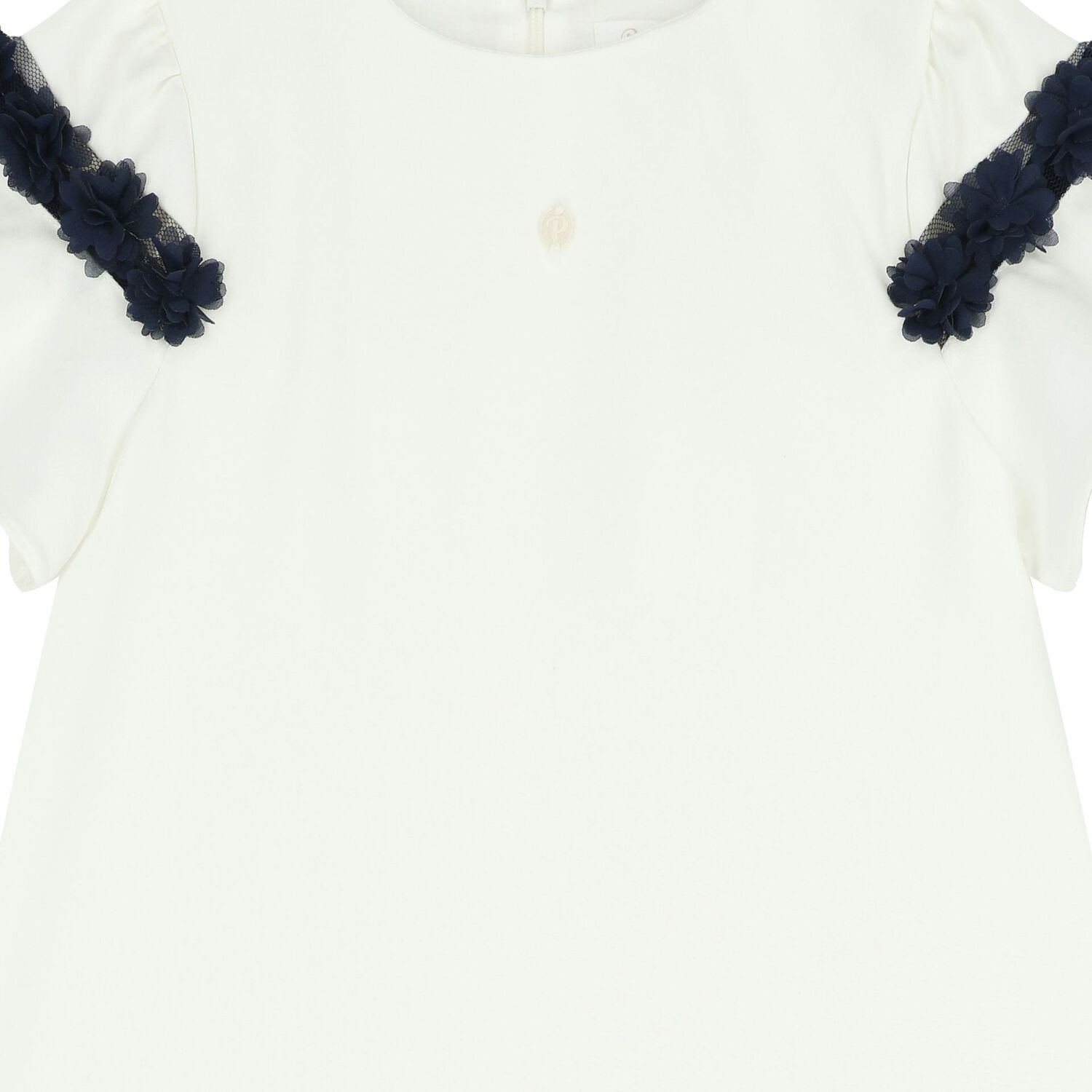 Girls Ivory & Navy Blue Flower Crepe Dress, 1, hi-res