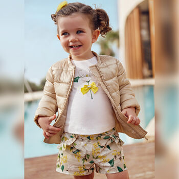 Younger Girls White & Beige Floral Shorts Set