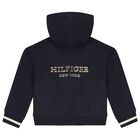 Girls Navy Blue Hooded Zip up Top, 1, hi-res