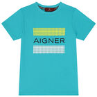 تيشيرت أولاد بالشعار باللون التركواز , 1, hi-res