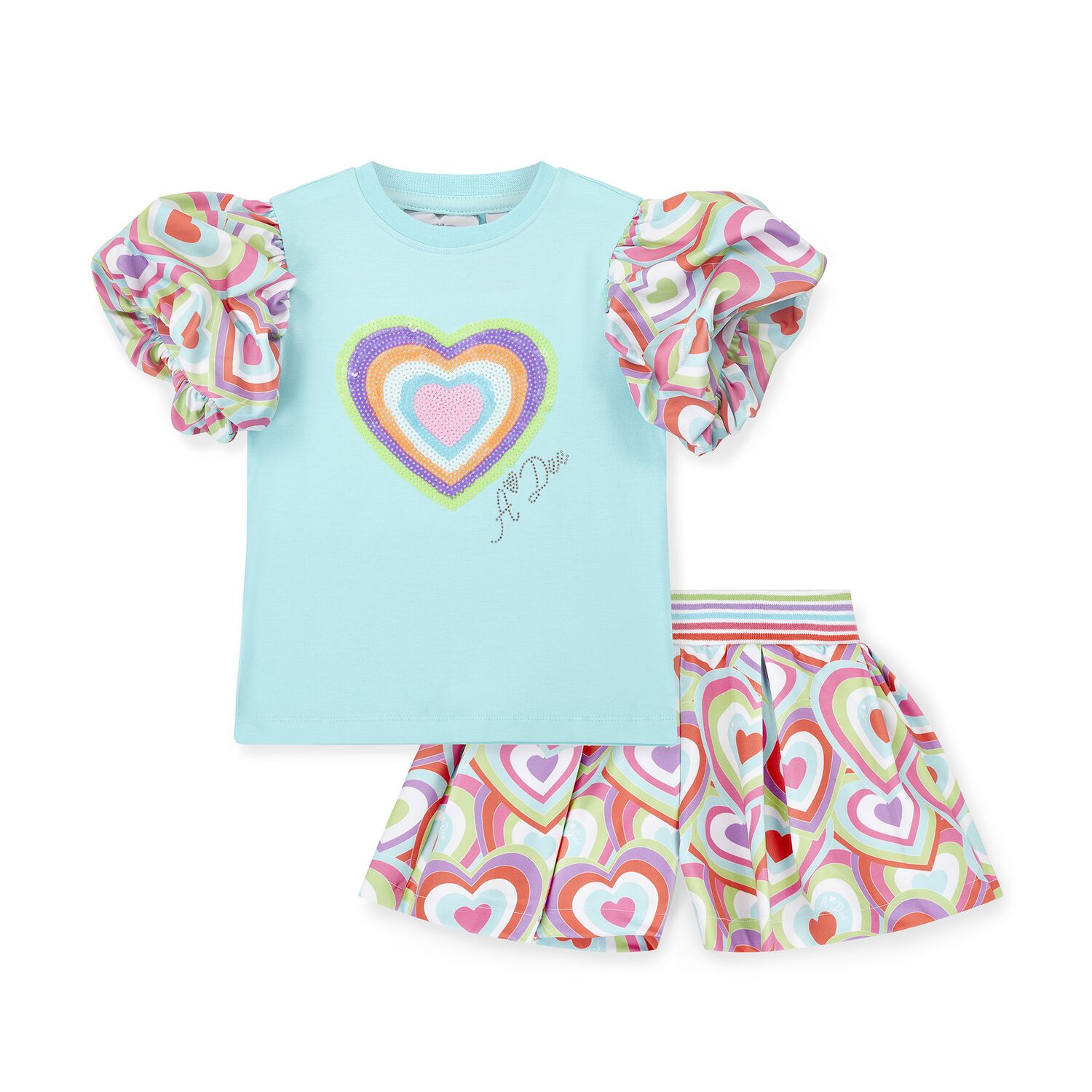 Girls Blue Cotton Heart Sequin Shorts Set, 1, hi-res