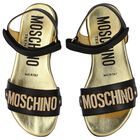 Girls Black & Gold Leather Logo Sandals, 1, hi-res