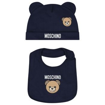 Navy Blue Teddy Bear Logo Hat & Bib Baby Gift Set