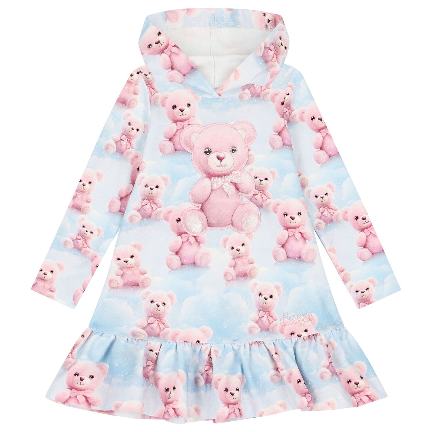 Girls Blue & Pink Teddy Bear Hooded Dress, 1, hi-res image number null