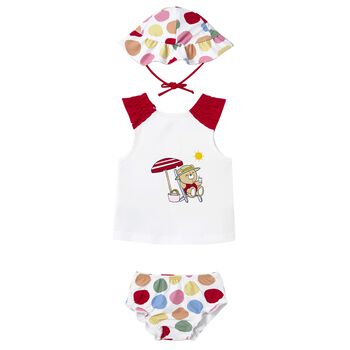 Mayoral Baby Girls White & Red Swimsuit Set with Hat, 1 Baby Girls White & Red Swimsuit Set with Hat