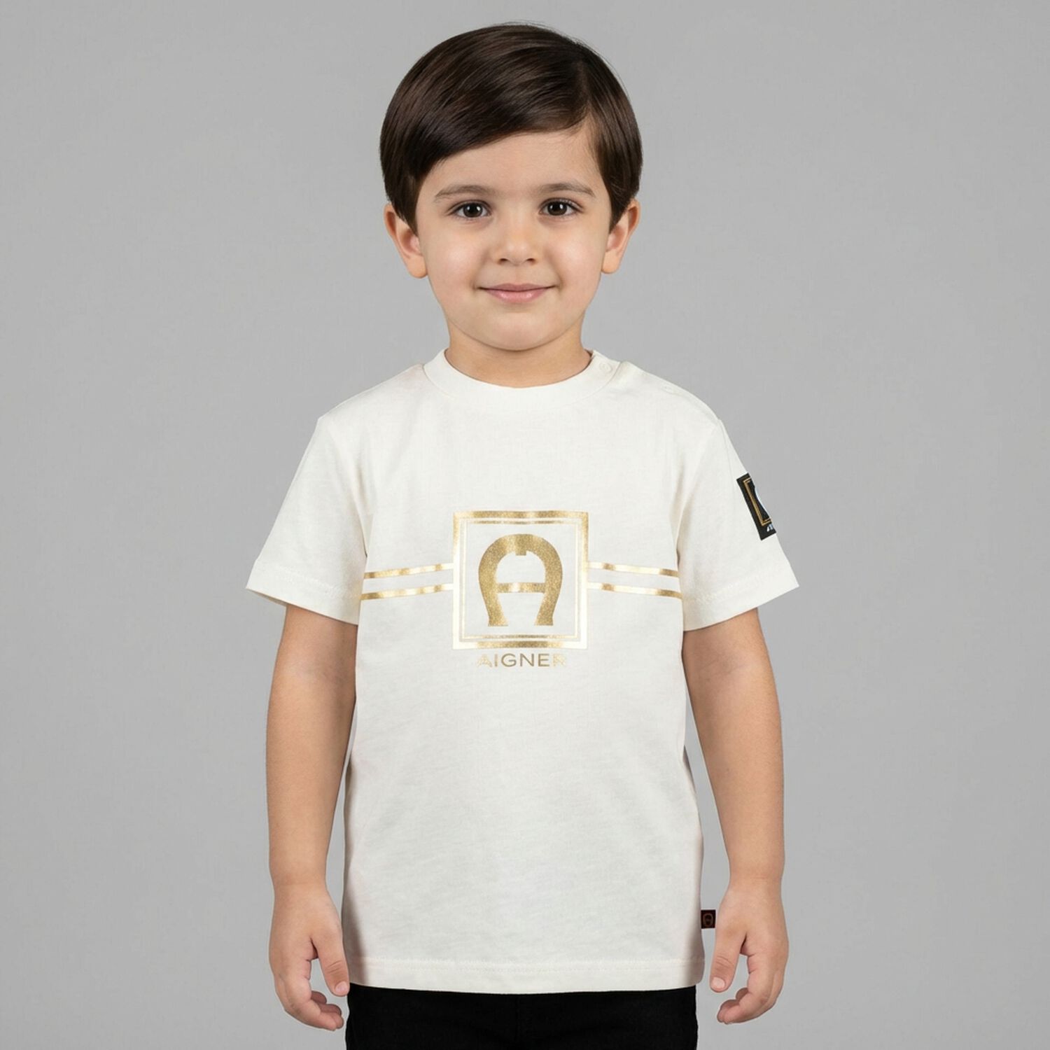 Younger Boys Ivory & Gold Logo T-Shirt, 1, hi-res
