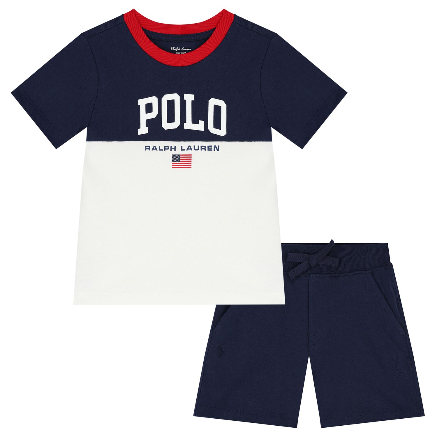 Baby Boys White & Navy Blue Logo Shorts Set, 1, hi-res