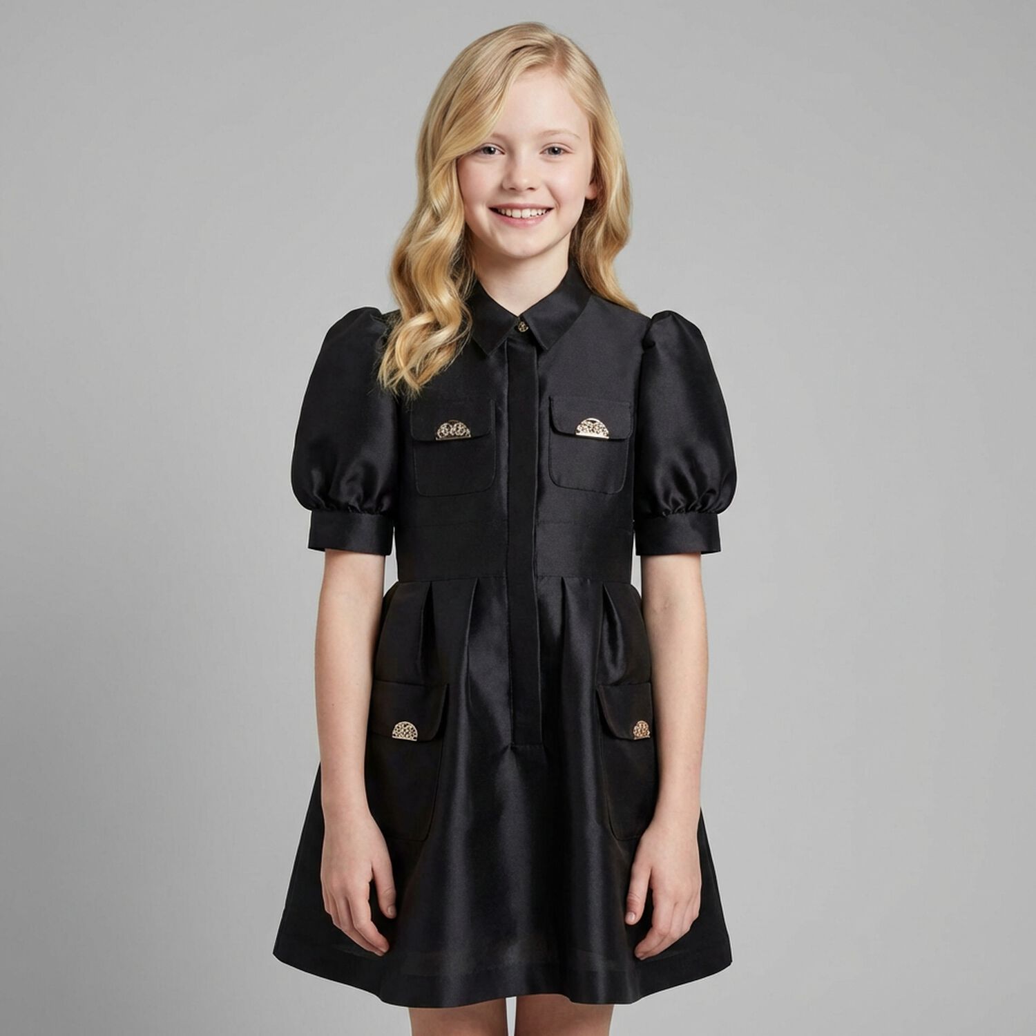 Girls Black Satin Puff Sleeve Dress, 2, hi-res