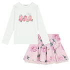 Girls Ivory & Pink Rose Print Skirt Set, 1, hi-res