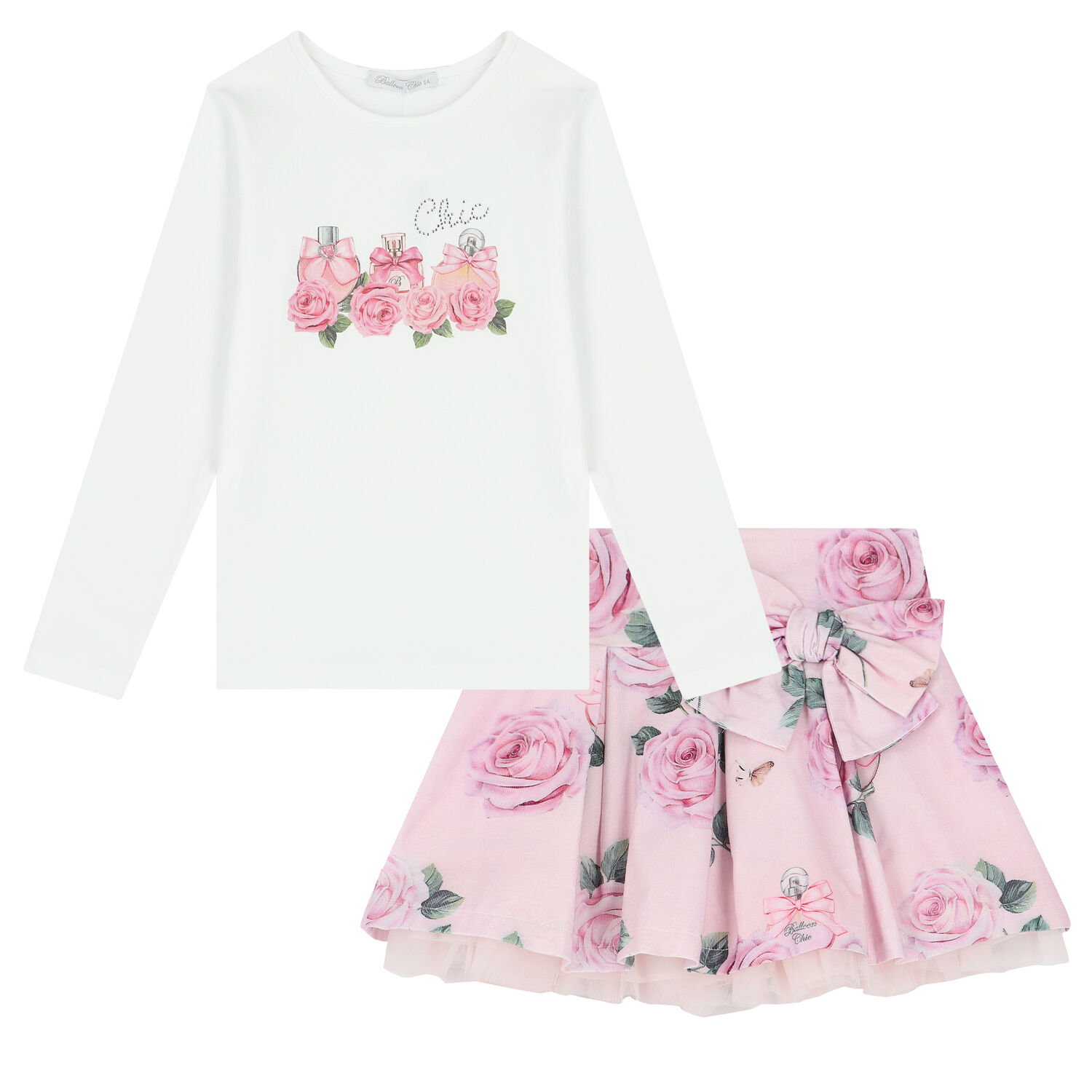 Girls Ivory & Pink Rose Print Skirt Set, 1, hi-res image number null