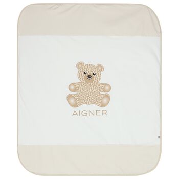 White & Beige Teddy Bear Logo Baby Blanket