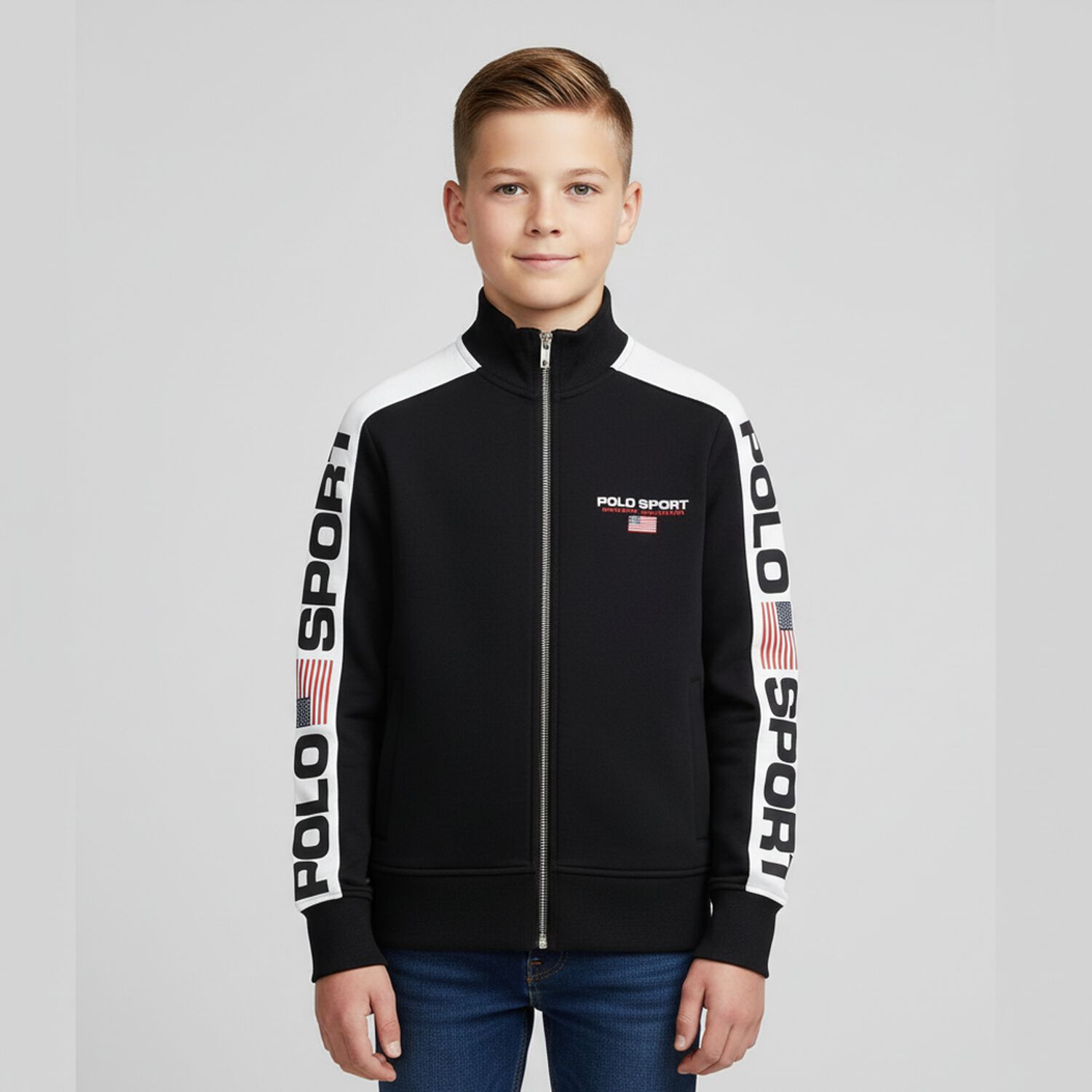 Boys Black & White Logo Zip Up Top, 1, hi-res image number null