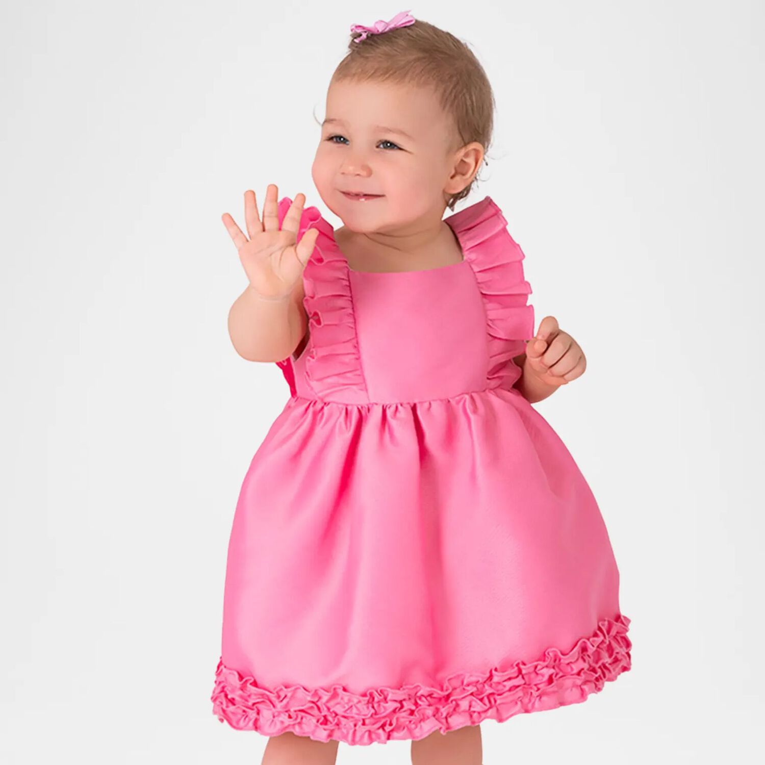 Baby Girls Pink Ruffled Satin Dress, 1, hi-res