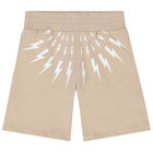 Boys Beige Thunderbolt Logo Shorts, 1, hi-res