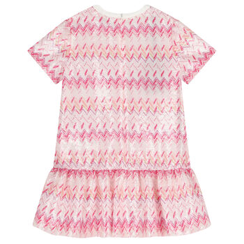 Girls White & Pink Zig Zag Embellished Sequin Dress