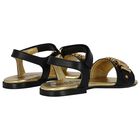 Girls Black & Gold Leather Logo Sandals, 1, hi-res