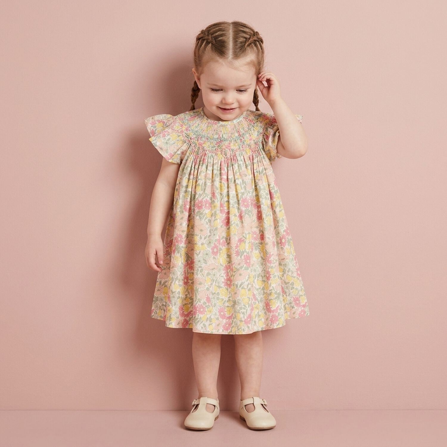Baby Girls Pink & Yellow Liberty Print Dress, 2, hi-res
