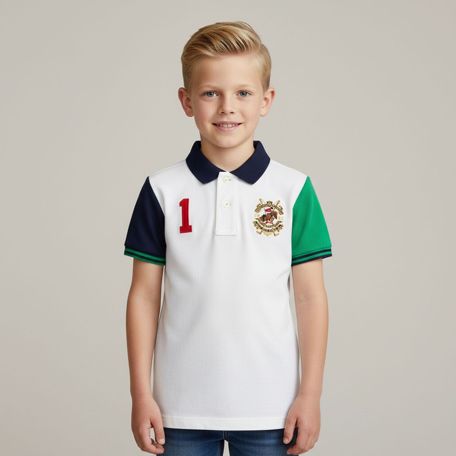 Boys Ivory Crest Logo Polo Shirt, 1, hi-res