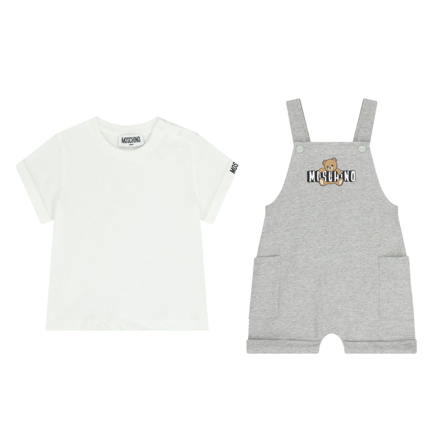 Younger Grey & White Teddy Bear Logo Dungaree Set, 2, hi-res