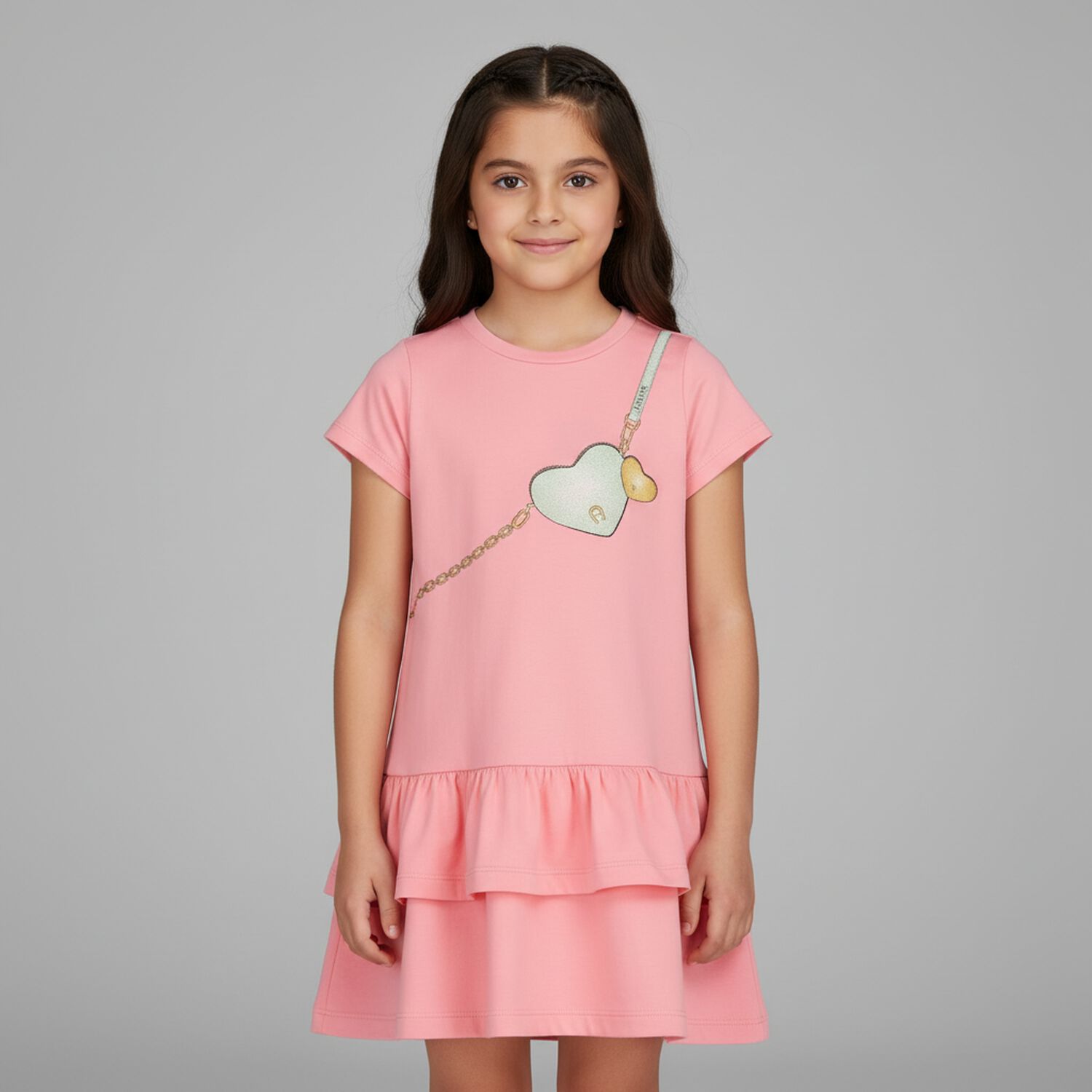 فستان بنات بالشعار وطبعة حقيبة باللون الوردي, 3, hi-res