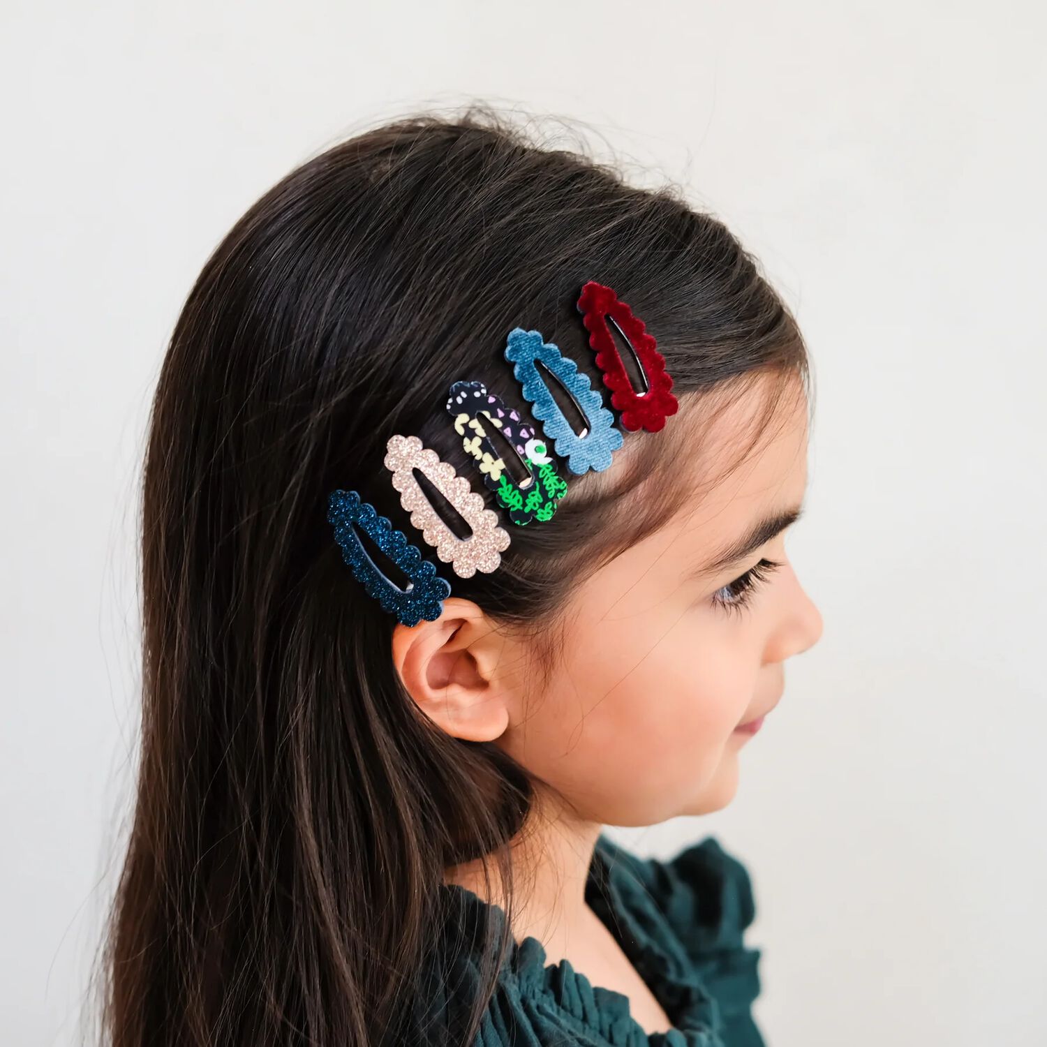 Girls Multi-Coloured Scalloped Hairclips ( 5 Pack ), 1, hi-res
