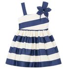 Girls Ivory & Navy Blue Striped Flower Dress, 2, hi-res