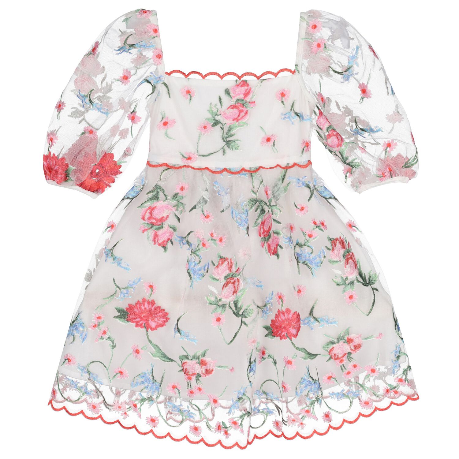 Girls Ivory & Pink Embroidered Tulle Dress , 1, hi-res