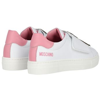 Girls White & Pink Teddy Bear Logo Trainers