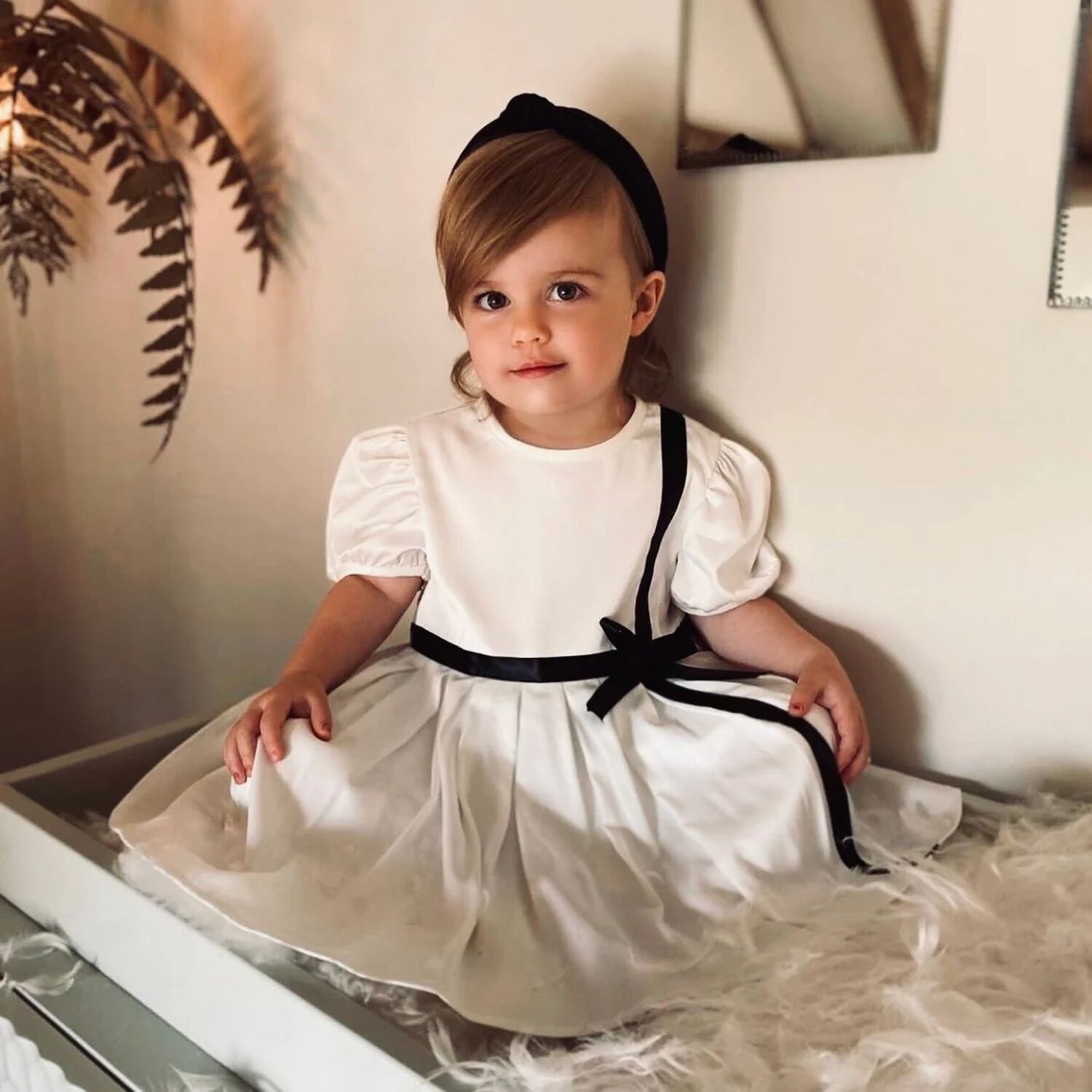 Girls White Satin Bow Dress, 1, hi-res image number null