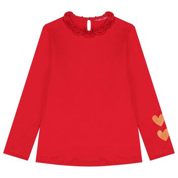 Girls Red Glittery Hearts Long Sleeve Top