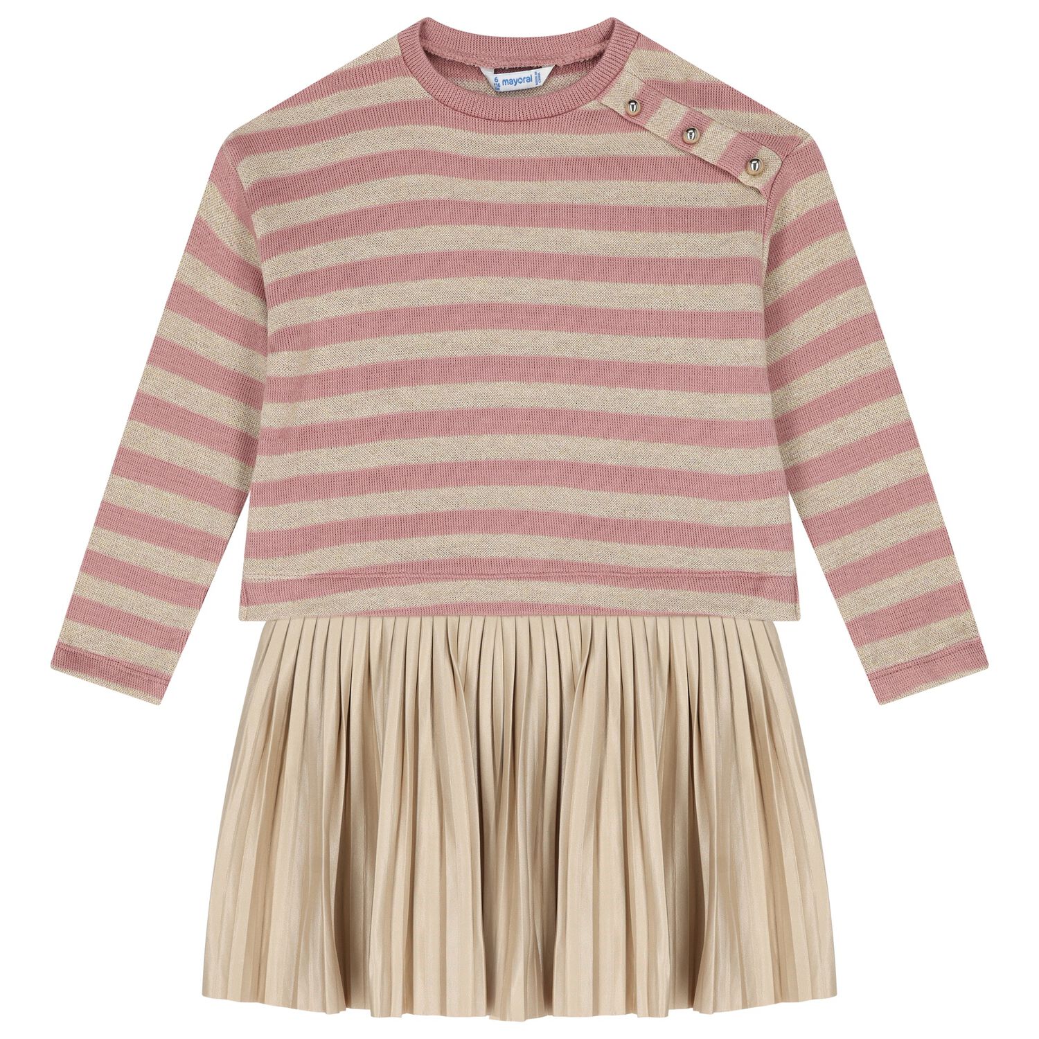 Girls Pink & Beige Striped Dress Set, 1, hi-res
