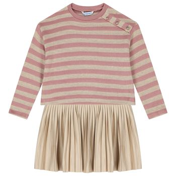 Girls Pink & Beige Striped Dress Set