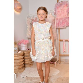 Girls White Pink & Blue Floral Appliques Top 