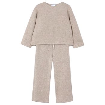 Girls Beige Knitted Trouser Set