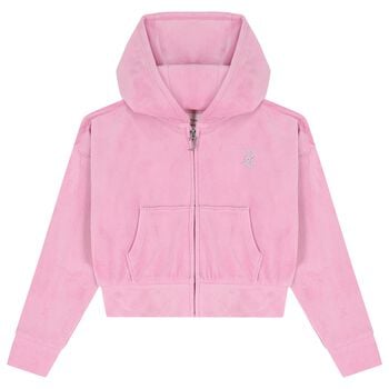 Girls Pink Embellished Logo Hooded Zip Up Top