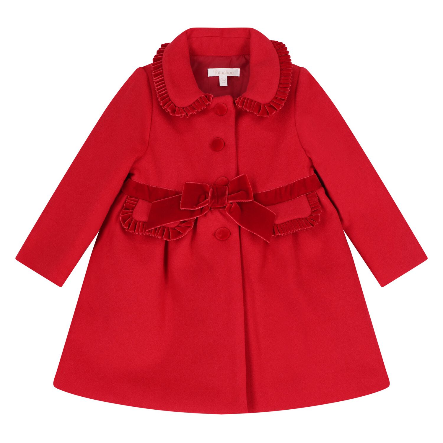 Younger Girls Red Bow Ruffle Coat , 1, hi-res