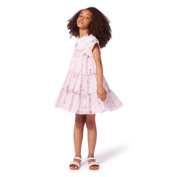 Girls Pink Floral Chiffon Tiered Dress