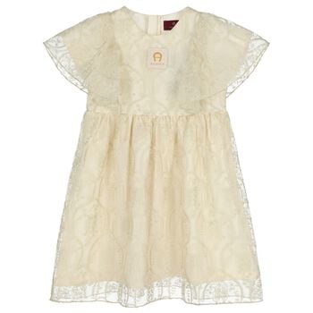 Girls Ivory & Gold Logo Embroidered Dress